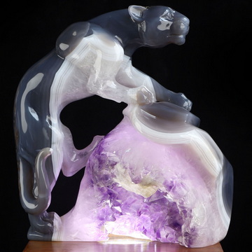 7.7" Agate Amethyst Geode Hand Carved Crystal Leopard Fine Art Sculpture, Crystal Healing