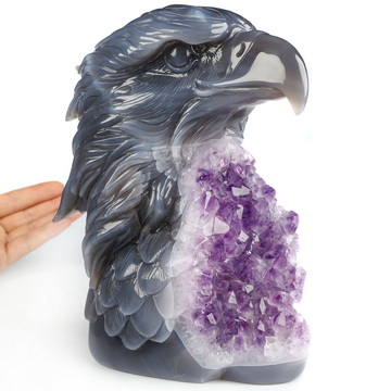 7.1" Agate Amethyst Geode Hand Carved Crystal Eagle Fine Art Sculpture, Crystal Healing