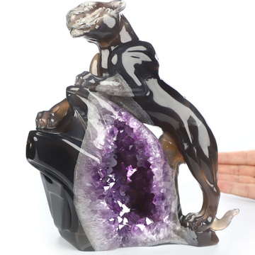 6.9" Agate Amethyst Geode Hand Carved Crystal Leopard Fine Art Sculpture, Crystal Healing