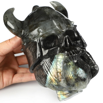 Viking Skull, 7.2" Labradorite Hand Carved Crystal Skull Fine Art Sculpture, Crystal Healing