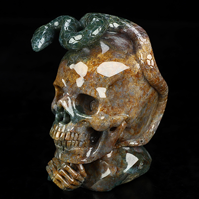 3.8" Indian Agate Hand Carved Crystal Skull and Snake Sculpture, Crystal Healing