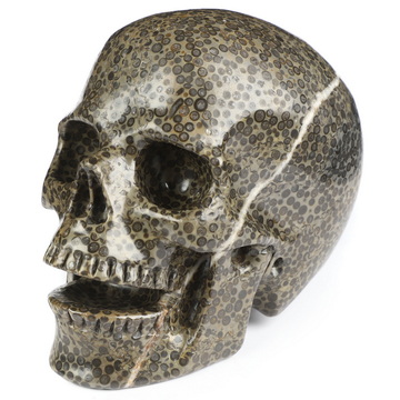 5.1" Chinese Leopard Skin Jasper Hand Carved Singing Crystal Skull Sculpture, Crystal Healing