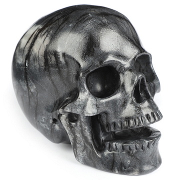 5.1" Black Network Jasper Hand Carved Singing Crystal Skull Sculpture, Crystal Healing