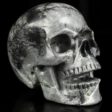 5.0" Black Network Jasper Hand Carved Singing Crystal Skull Sculpture, Crystal Healing