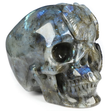 5.0" Labradorite Hand Carved Crystal Skull and Flower Fine Art Sculpture, Crystal Healing