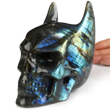 5.0" Labradorite Hand Carved Batman Crystal Skull Fine Art Sculpture, Crystal Healing