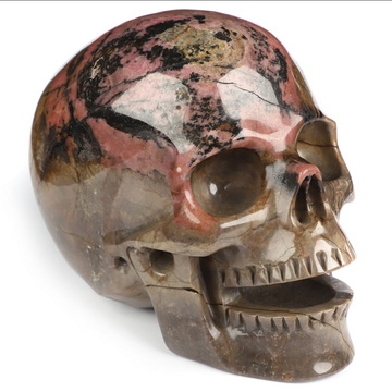 5.2" Pink & Black Rhodonite Hand Carved Singing Crystal Skull Sculpture, Crystal Healing