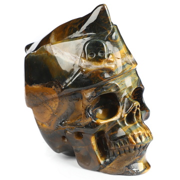 5.0" Blue & Gold Tiger's Eye Hand Carved Crystal Skull and Navy Cap Fine Art Sculpture, Crystal Healing