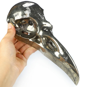 11.9" Pyrite Hand Carved Raven Crystal Skull Sculpture, Crystal Healing
