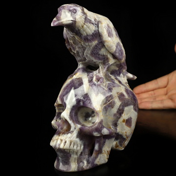 6.3" Dream Chevron Amethyst Hand Carved Crystal Skull and Raven Sculpture, Crystal Healing