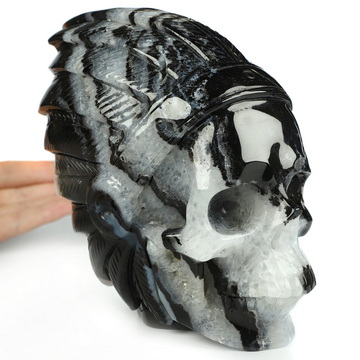 5.7" Black Zebra Agate Hand Carved Indian Crystal Skull Sculpture, Crystal Healing