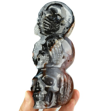 6.3" Black Zebra Agate Hand Carved Crystal Skull Fine Art Sculpture, Crystal Healing