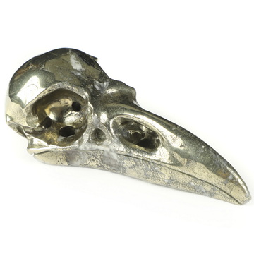 4.7" Pyrite Hand Carved Raven Crystal Skull Sculpture, Crystal Healing