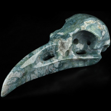 4.9" Green Moss Agate Hand Carved Raven Crystal Skull Sculpture, Crystal Healing