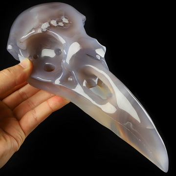 9.0" Agate Hand Carved Raven Crystal Skull Sculpture, Crystal Healing