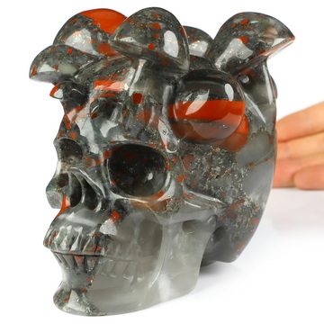 5.2" African Bloodstone Hand Carved Mushroom Crystal Skull Sculpture, Crystal Healing