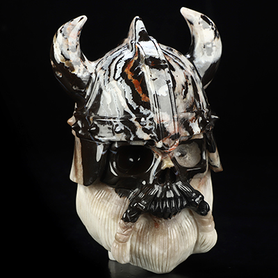 Viking Skull, 7.0" Black Zebra Agate Hand Carved Crystal Skull Fine Art Sculpture, Crystal Healing