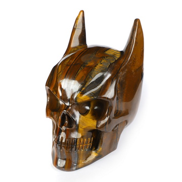 5.0" Tiger Iron Eye Hand Carved Batman Crystal Skull Fine Art Sculpture, Crystal Healing