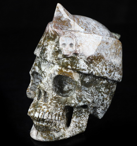 5.0" Green Moss Agate Hand Carved Crystal Skull and Navy Cap Fine Art Sculpture, Crystal Healing