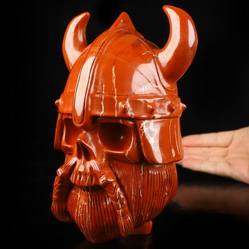 Viking Skull, 6.9" Red Jasper Hand Carved Crystal Skull Fine Art Sculpture, Crystal Healing