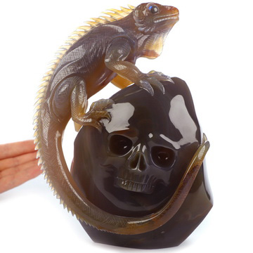 June 5, 2026 ACSAD (A Crystal Skull a Day) - Awake for You - 7.9" Premium Brazilian Agate Lizard Crystal Skull Sculpture with Labradorite Eyes, Crystal Healing