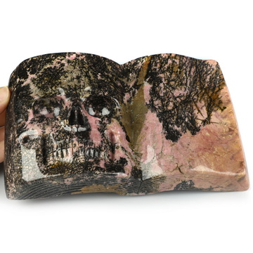 8.3" Pink & Black Rhodonite Hand Carved Crystal Skull Book Fine Art Sculpture, Crystal Healing