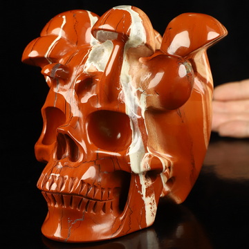 5.2" Red Jasper Hand Carved Mushroom Crystal Skull Sculpture, Crystal Healing