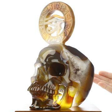June 10, 2026 ACSAD (A Crystal Skull a Day) - Horus’s Horizon - 7.9" Premium Brazilian Agate Eye of Horus on Crystal Skull Fine Art Sculpture, Crystal Healing