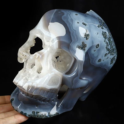 Lifesized 7.2" Agate Geode Hand Carved Crystal Skull, Super Realistic, Crystal Healing