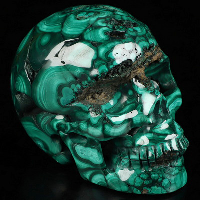 4.9" Malachite Hand Carved Crystal Skull, Super Realistic, Crystal Healing
