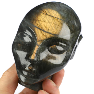 4.0" Labradorite Hand Carved Fairy Elf Alien Crystal Skull Companion Sculpture, Crystal Healing