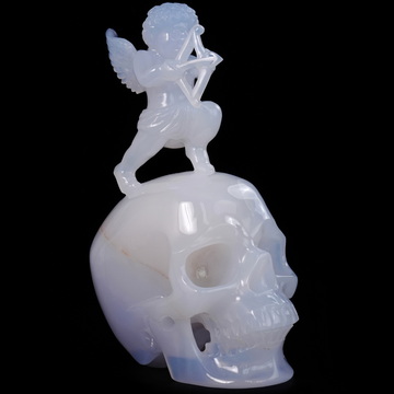 June 4, 2026 ACSAD (A Crystal Skull a Day) - Aiming for Forever - 6.4" Blue Chalcedony Hand Carved Cupid on Crystal Skull Fine Art Sculpture, Crystal Healing