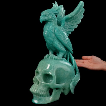 June 7, 2026 ACSAD (A Crystal Skull a Day) - The Unfading Wing - 10.0" Carved Madagascar Amazonite Phoenix on Crystal Skull Sculpture, Crystal Healing