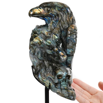 June 9, 2026 ACSAD (A Crystal Skull a Day) - Shamanic Soul - 6.3" Carved Labradorite Eagle Wolf Crystal Skull Fine Art Sculpture, Crystal Healing