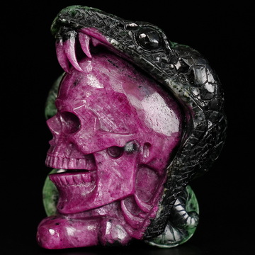 June 11, 2026 ACSAD (A Crystal Skull a Day) - The Poison & The Peony - 3.2" Carved Ruby Zoisite Crystal Skull with Coiled Serpent Sculpture, Crystal Healing