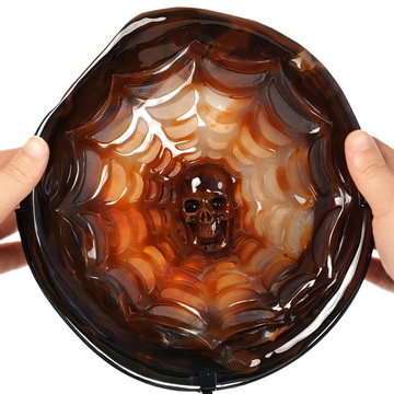 June 15, 2026 ACSAD (A Crystal Skull a Day) - Behind the Lattice - 9.1" Carved Premium Brazilian Agate Geode Spider Web Crystal Skull Sculpture With A Stand , Crystal Healing