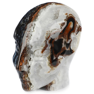 4.0" Black Zebra Agate Geode Hand Carved Fairy Elf Alien Crystal Skull Companion Sculpture, Crystal Healing