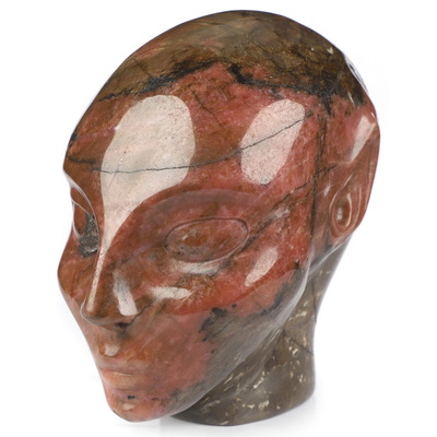 4.0" Pink & Black Rhodonite Hand Carved Fairy Elf Alien Crystal Skull Companion Sculpture, Crystal Healing