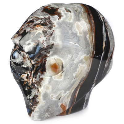 4.0" Black Zebra Agate Star Being Female Alien Crystal Skull Companion, Hand Carved Gemstone Fine Art Sculpture, Reiki Healing Stone Statue