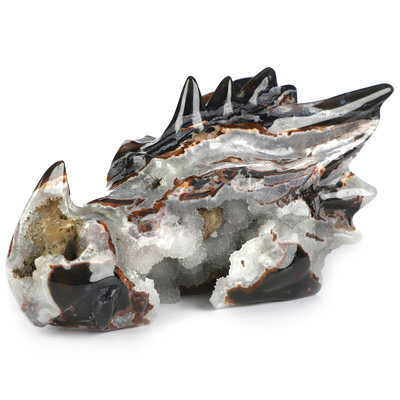 5.7" Black Zebra Agate Geode Hand Carved Crystal Dragon Head Skull Sculpture, Crystal Healing