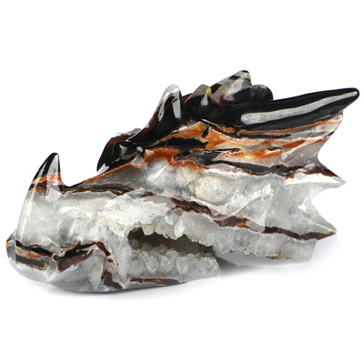 5.8" Black Zebra Agate Hand Carved Crystal Dragon Head Skull Sculpture, Crystal Healing