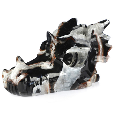5.0" Black Zebra Agate Hand Carved Crystal Dragon Skull Sculpture, Crystal Healing