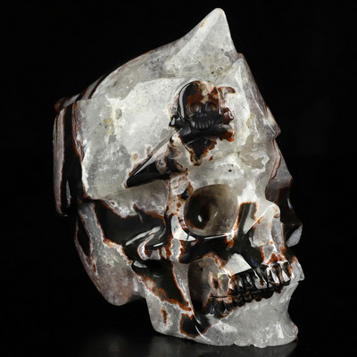 5.0" Black Zebra Agate Hand Carved Crystal Skull and Navy Cap Fine Art Sculpture, Crystal Healing