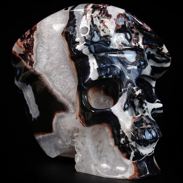 5.5" Black Zebra Agate Hand Carved Beret Crystal Skull Sculpture, Crystal Healing