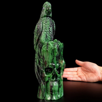 June 19, 2026 ACSAD (A Crystal Skull a Day) - The Last Songbird - 9.8" Carved Ruby Zoisite Crystal Skull With Bird Fine Art Sculpture, Crystal Healing