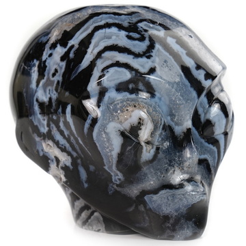 4.0" Black Zebra Agate Star Being Female Alien Crystal Skull Companion, Hand Carved Gemstone Fine Art Sculpture, Reiki Healing Stone Statue