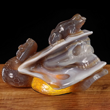 July 3, 2026 ACSAD (A Crystal Skull a Day) - Nature Never Mourns - 5.4" Carved Agate Snake And Toad Crystal Skull Fine Art Sculpture, Crystal Healing