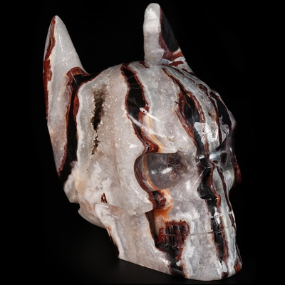 5.0" Black Zebra Agate Hand Carved Batman Crystal Skull Fine Art Sculpture, Crystal Healing