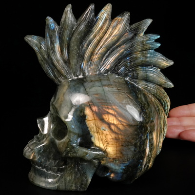 7.4" Flash Labradorite Hand Carved Punk Crystal Skull Sculpture, Crystal Healing