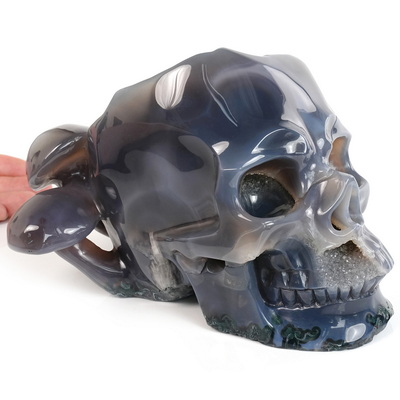 7.7" Agate Geode Hand Carved Mushroom Crystal Skull Sculpture, Crystal Healing